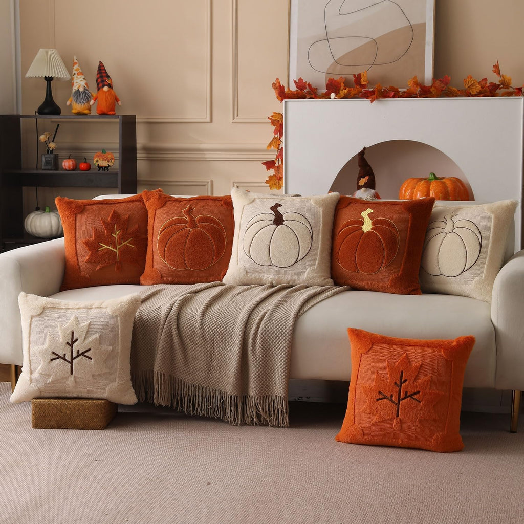 Fall Pillow Covers 18x18 2 Pack Beige Pumpkin Home Decor PT010A18 - Set of 2