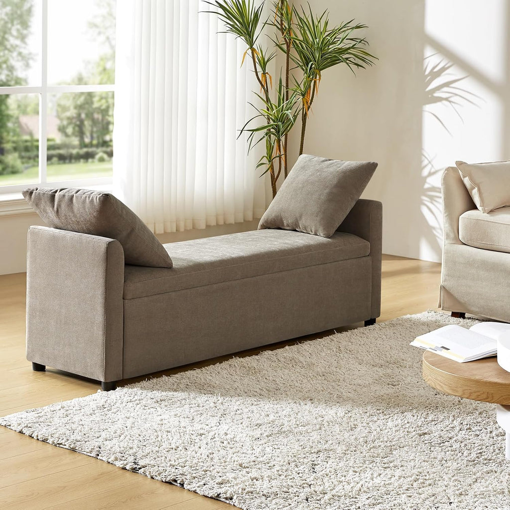 59" Storage Bench with 2 Throw Pillows & Armrests, Brown | Modern Long Bedroom Bench for End of Bed, Comfy