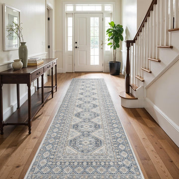 3x12 Runner Rug Washable Vintage: Non Slip Hallway Runners Blue