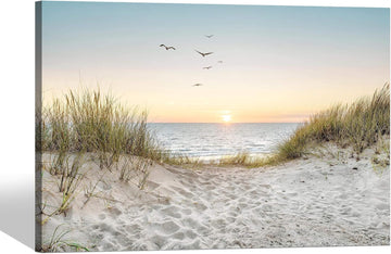 Coastal Wall Art Canvas Picture: Modern Beach Sunset Landscape Print Decor Horizontal Ocean Scene Sea Painting