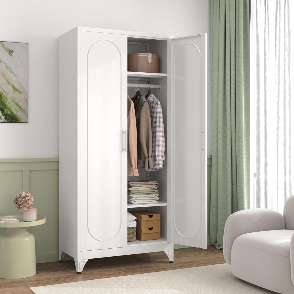 71" White Metal Armoire Wardrobe Closet with Arched Doors