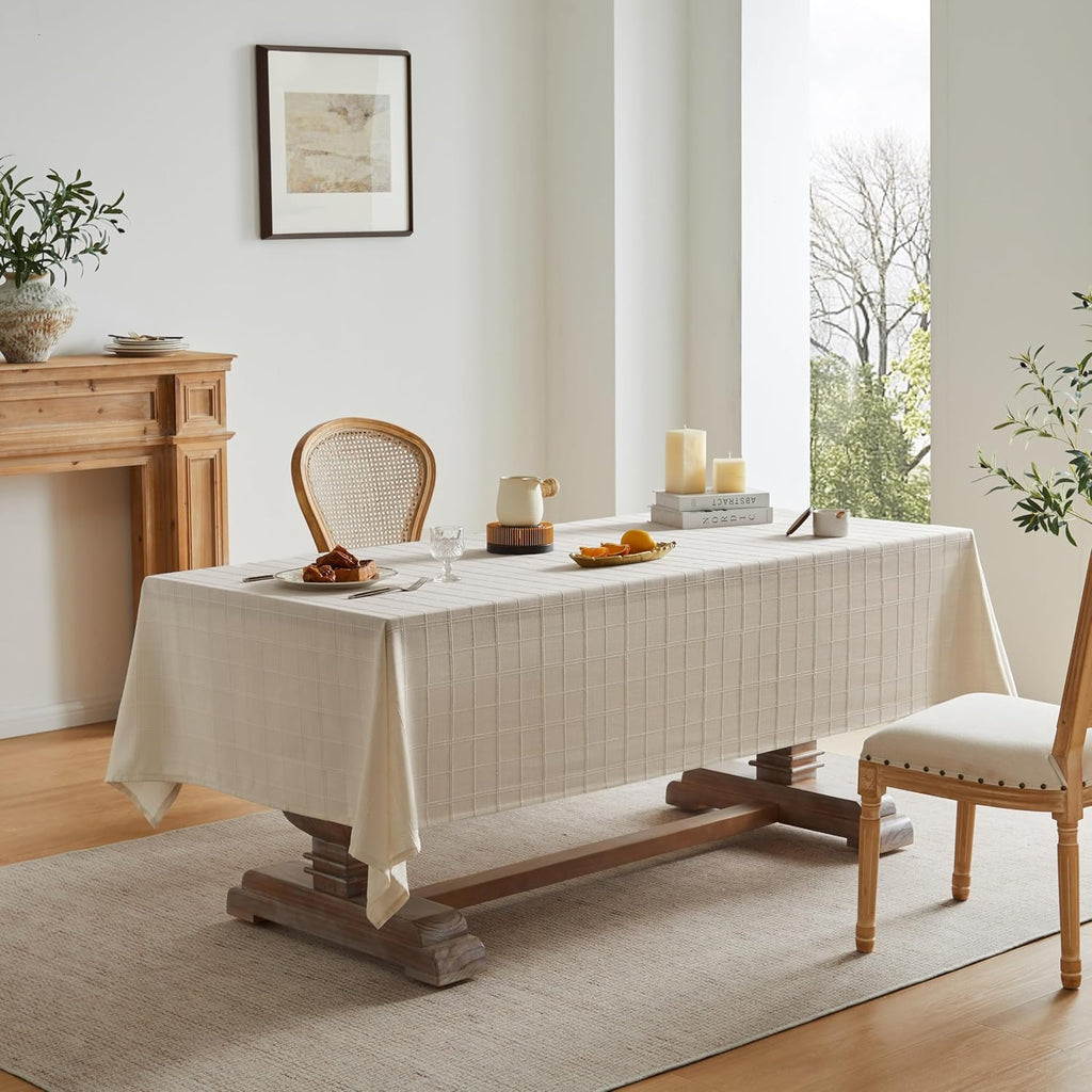 Linen Checked Table Cloth 52x70 Inches (Fit 3ft-4ft, Narrow Fit for 5ft Rectangle Table), Farmhouse 