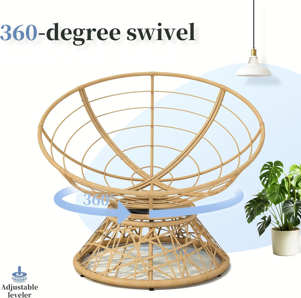 40" Ergonomic Wicker Papasan Chair, Beige, Natural Wood