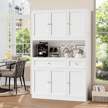 72" Kitchen Pantry Cabinet, Kitchen Hutch with Microwave Stand, Buffet Cabinet with Hutch, White