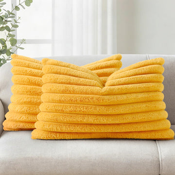 Faux Fur Striped Mustard Yellow Throw Pillow Covers 12x20 Set of 2