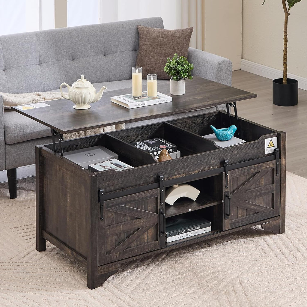Lift Top Coffee Table with Sliding Barn Door 48" W Rustic Storage Coffee Tables