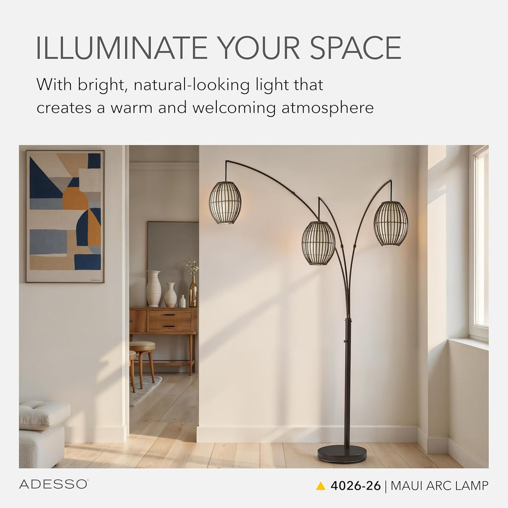 Maui Arc Floor Lamp with 3 Movable Shades & Adjustable Height- Perfect Lighting and Corner Decor, Antique Bronze