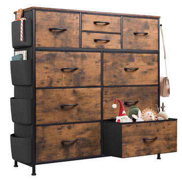 10 Drawer Fabric, Side Pocket Chest, Rustic Brown