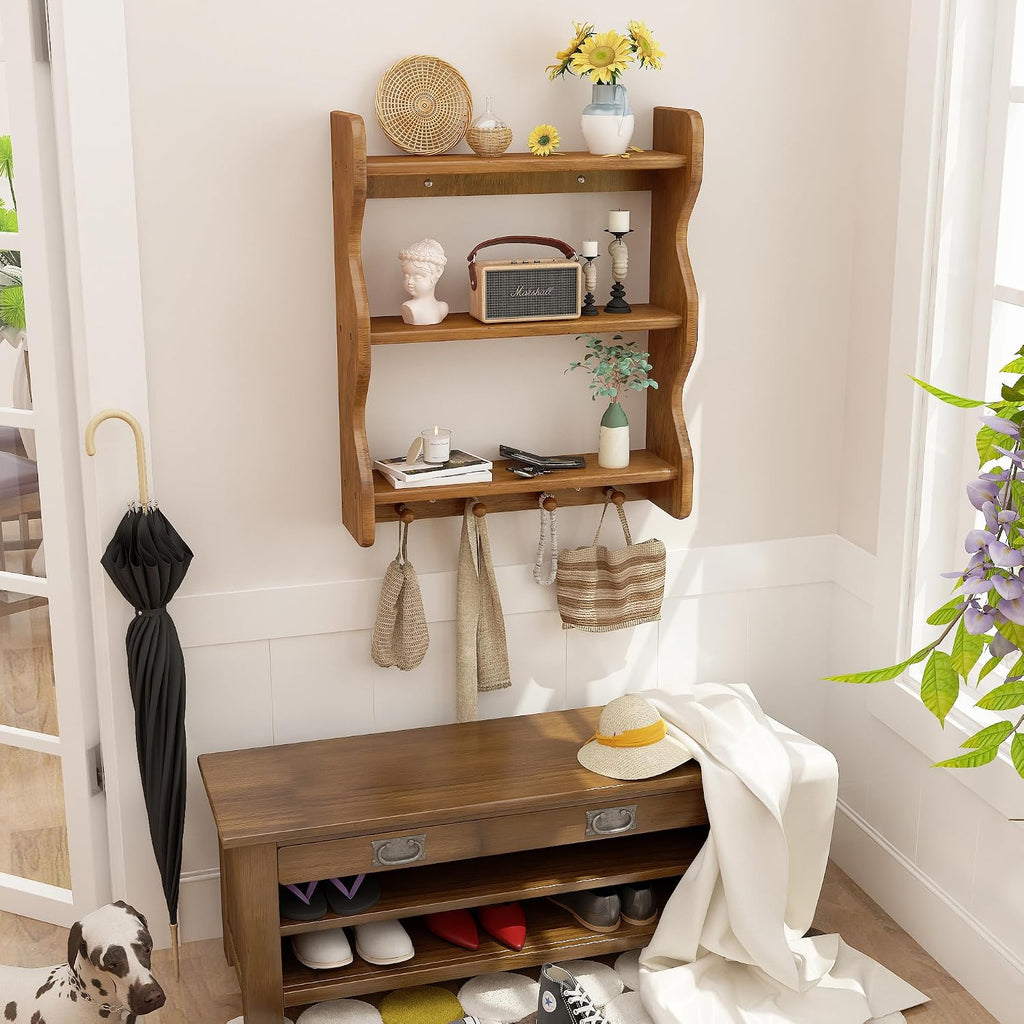 3 Tier Wooden Floating Wall Shelves with Hooks, Rustic Farmhouse Wall Mounted Storage Shelf, Decorative Curved Side