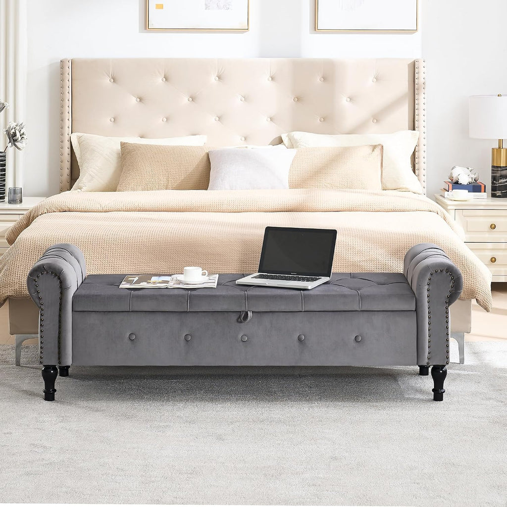 Storage Bench 67" Velvet End of Bed Benches Dark Grey | King Size Storage Bench with Rolled Arms Tufted Ottoman