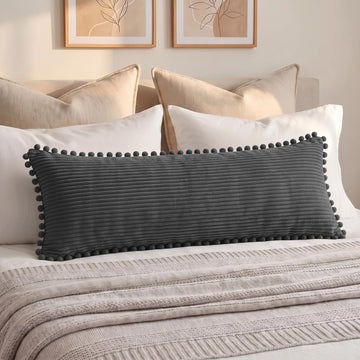 1 Pack Dark Gray Long Lumbar Body Decorative Throw Pillow Covers 20x54 Inch with Pom-poms for Couch Sofa, Farmhouse