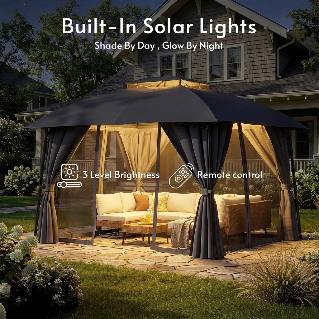 Outdoor Patio Gazebo 10x12 with Solar Powered LED Light