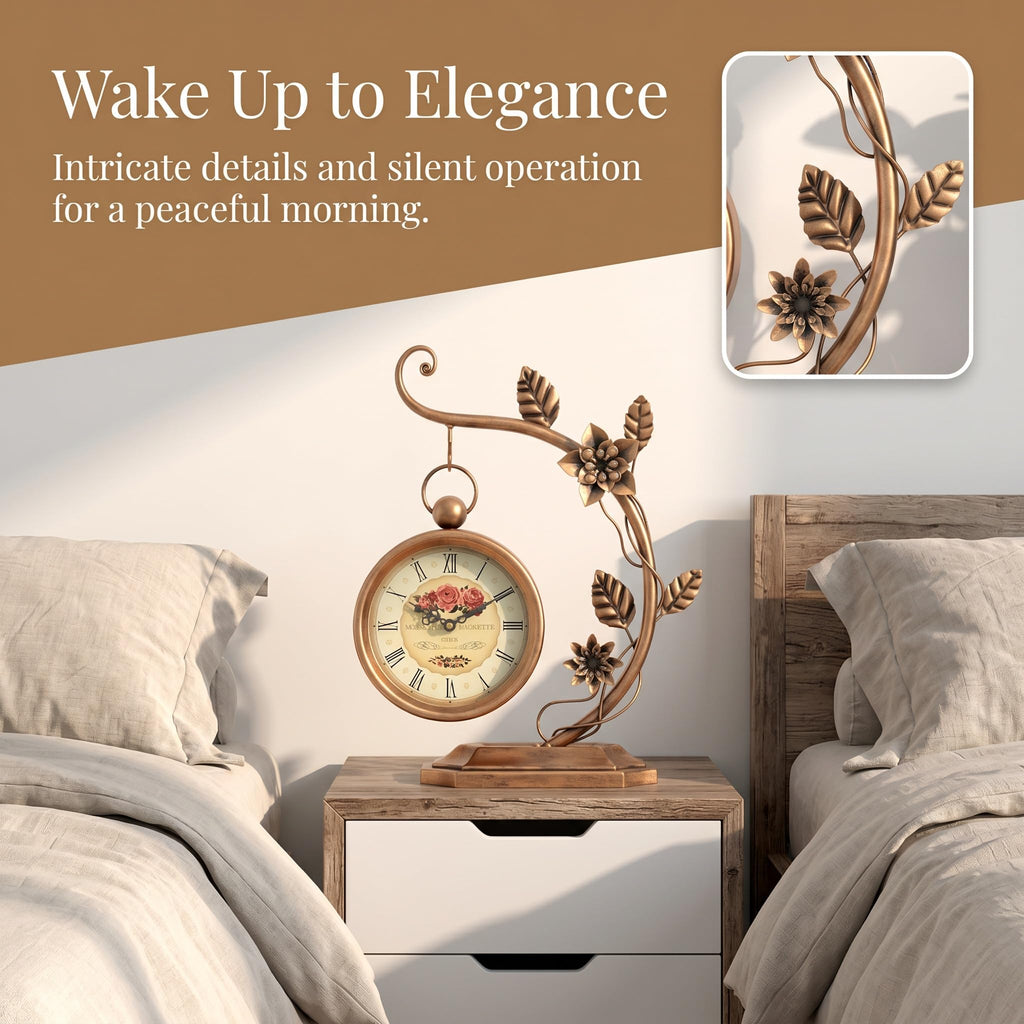 Floral Plant Desk Clock, Vintage Gold Table Clock with Leaf Pattern, Silent Non-Ticking Battery Operated Decorative