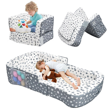 Toddler Travel Bed, Portable Toddler Bed & Chair 2-in-1 - Convertible Travel Crib with Storage Pockets