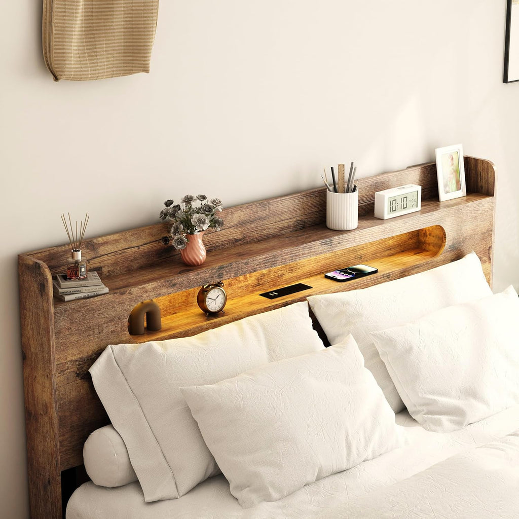 Wooden Queen Bed Frame with Storage Headboard, Farmhouse Platform Bedframe with Charging Station & Led Lights, Sturdy