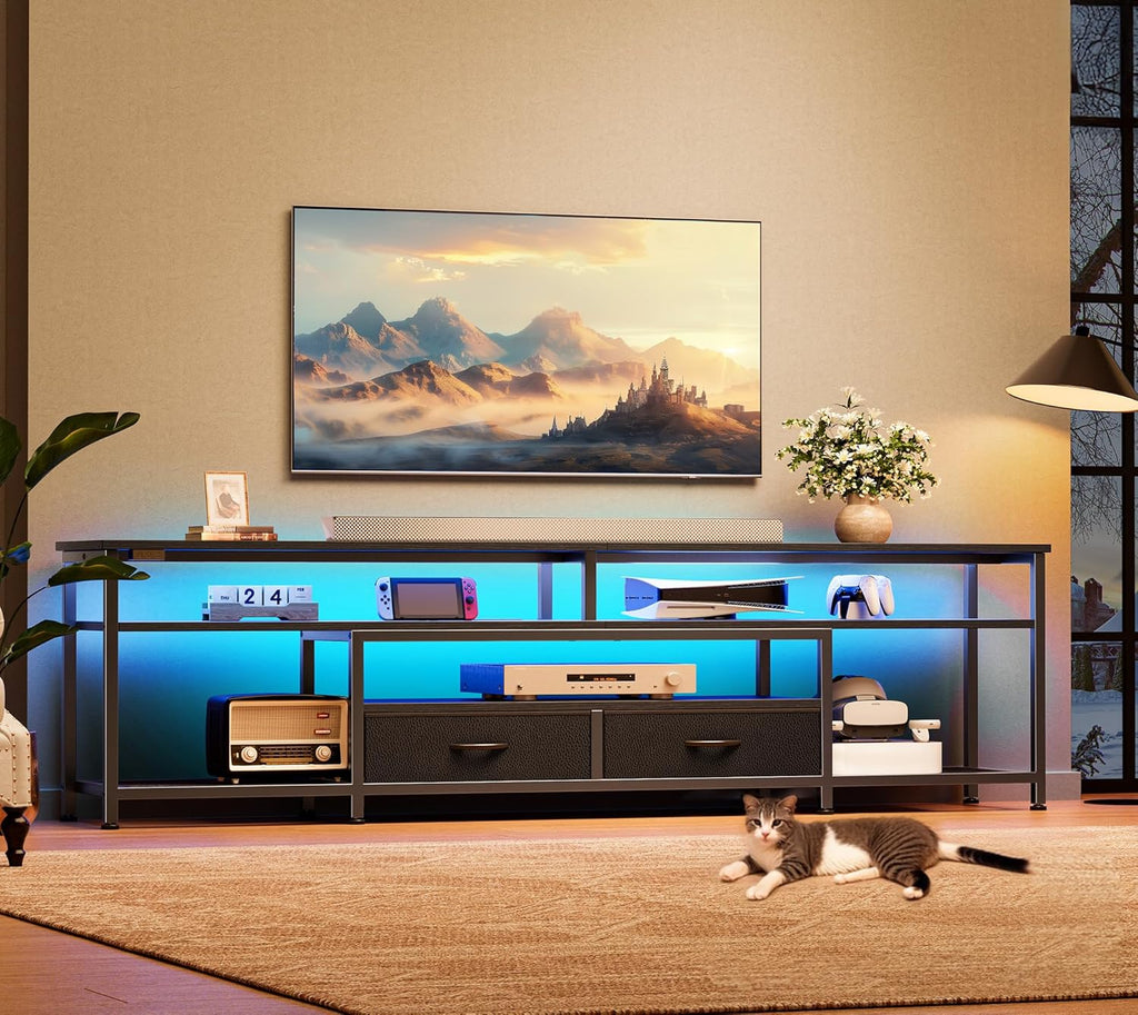 TV Stand for 75 80 Inch TV, Entertainment Center with Power Outlets and LED Lights, 70.9 Inch TV Console for Living