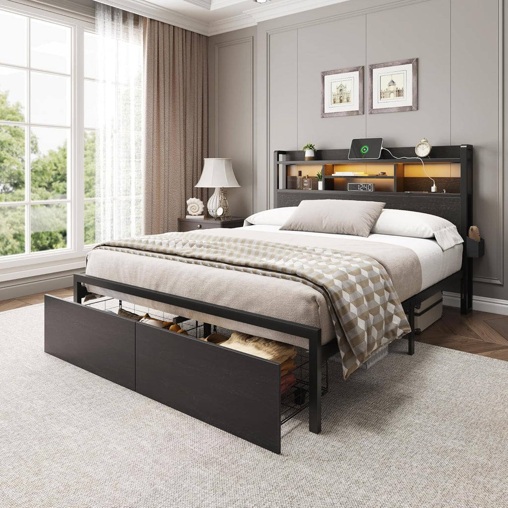 Full Bed Frame with Wood Headboard, Metal Platform Bed Frame Full with 2 Storage Drawers and Shelf
