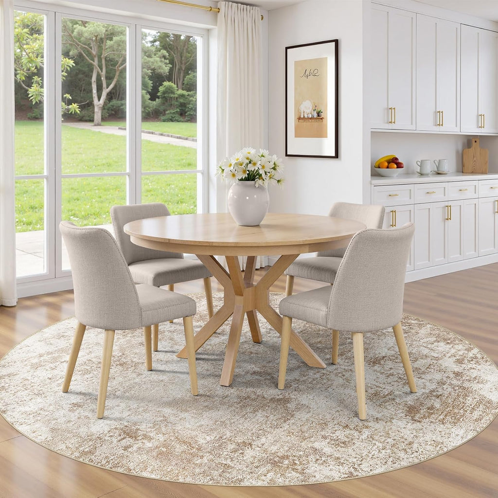 8ft Round Area Rug - 8X8 Abstract Washable Large Soft Foldable Non Slip Rug Neutral Modern Low Pile 