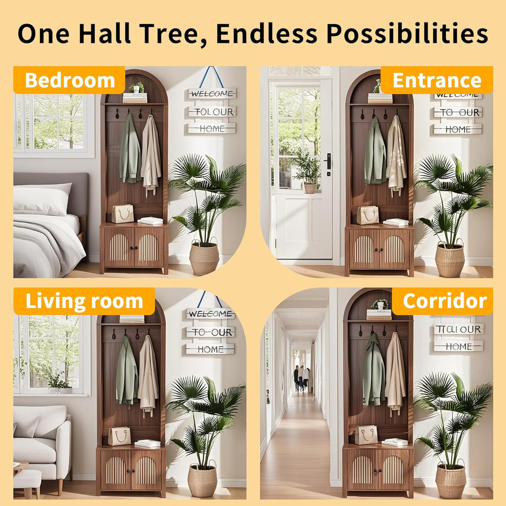 Hall Tree with Bench and Shoe Storage, Entryway Storage Bench with Coat Rack, 70.9"Arch Coat Rack with 4 Hooks and 2