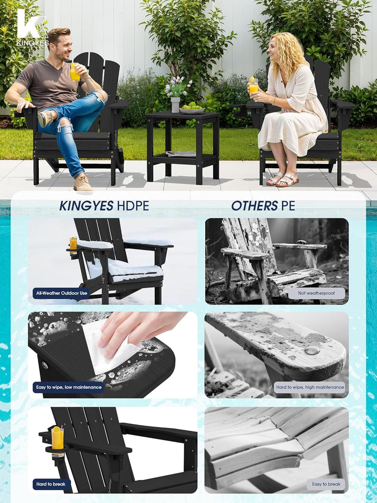 Adjustable Adirondack Chairs Set of 2, Folding Outdoor Chair, Black | | with Cup Holder | Reclining 3-Position