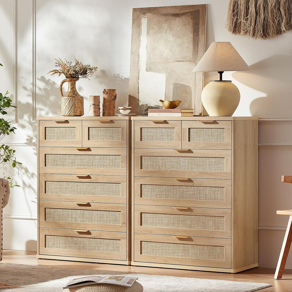 Rattan Dresser , 41" Tall Chest of Drawers | Gold Metal Handle, Oak Modern 6 Drawers Boho Dressers with Storage