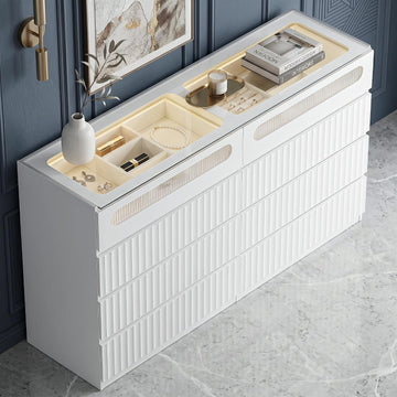 Fluted 8 Drawer Dresser,with LED Lights,Tempered Glass Panel,Drawer Dresser,Hidden Handles.Compartmentalized Storage