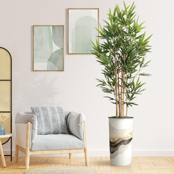 Tree in Flowing Black & White Smoke Abstract Shapes Planter, Fake Bamboo Silk Tree for Indoor and Outdoor Home