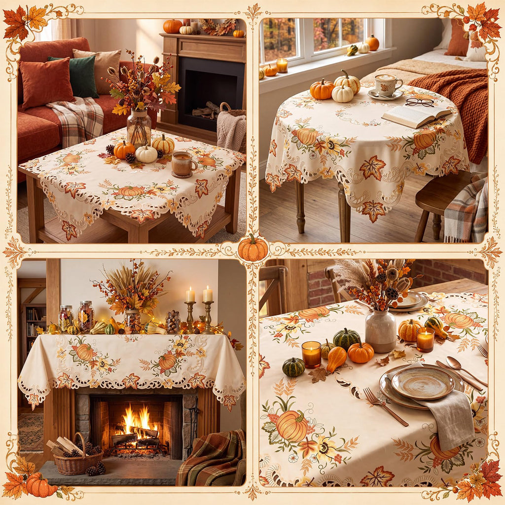 Thanksgiving Tablecloth 34'' Square Embroidered Fall Tablecloth