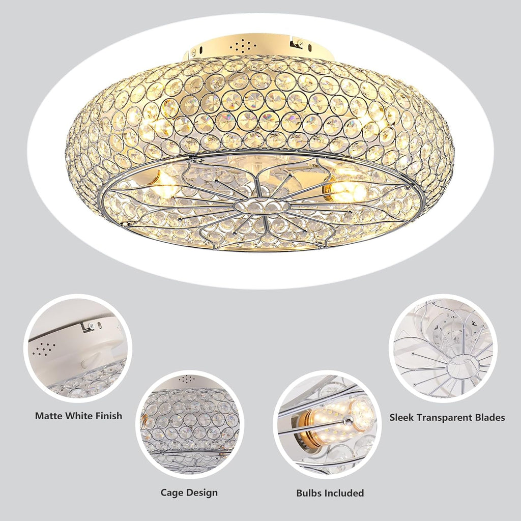 Caged Crystal Ceiling Fans with Lights and Remote,20" Flush Mount Low Profile Ceiling Fan with Light