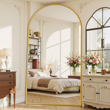 90"x46" Arched Full Length Mirror with Stand, Gold Floor Mirror