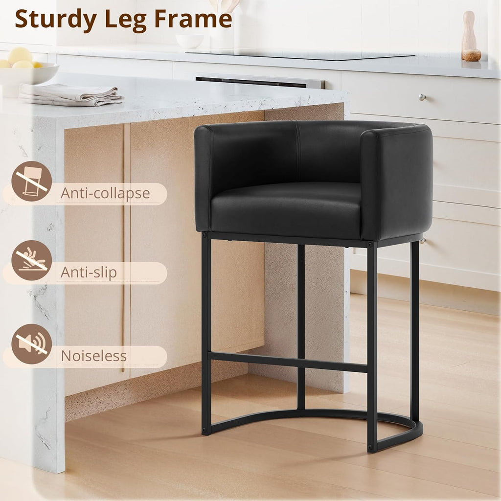 Counter Height Bar Stools Set of 4, Modern Barrel Counter Stools with Backrest and Arms, Black Metal Frames, Faux
