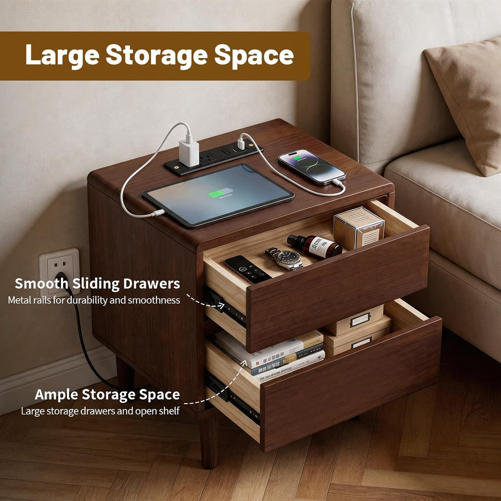 Solid Wood Nightstand with Charging Station,USB-C Port, 15.7 inch Wide End Table with 2 Drawers, Modern Wood Bedside