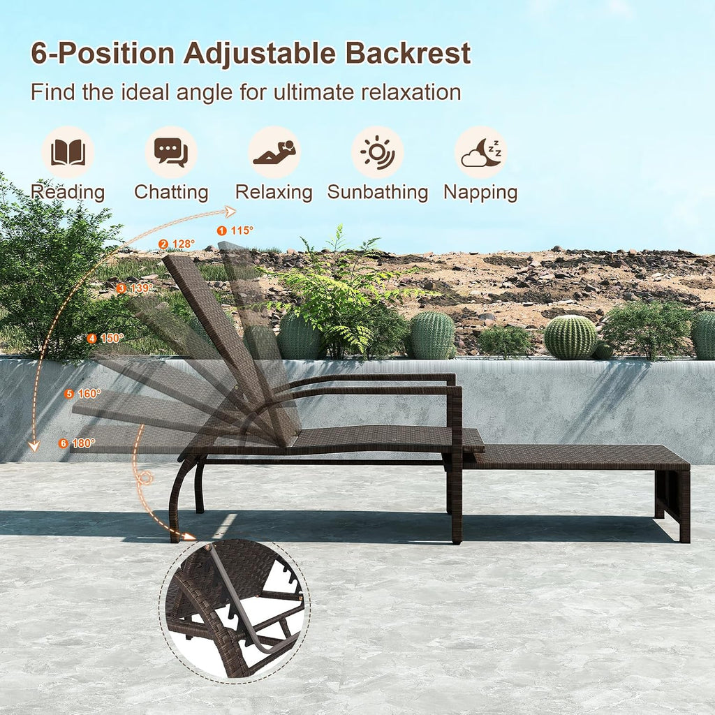 Outdoor Rattan Wicker Chaise Lounge Chair with 6-Position Backrest, Retractable Ottoman, Armrests, Patio Reclining