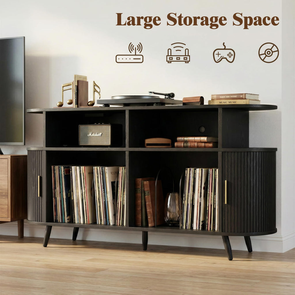 Large Record Player Stand with Storage, Media Stereo Shelf Charging, Black