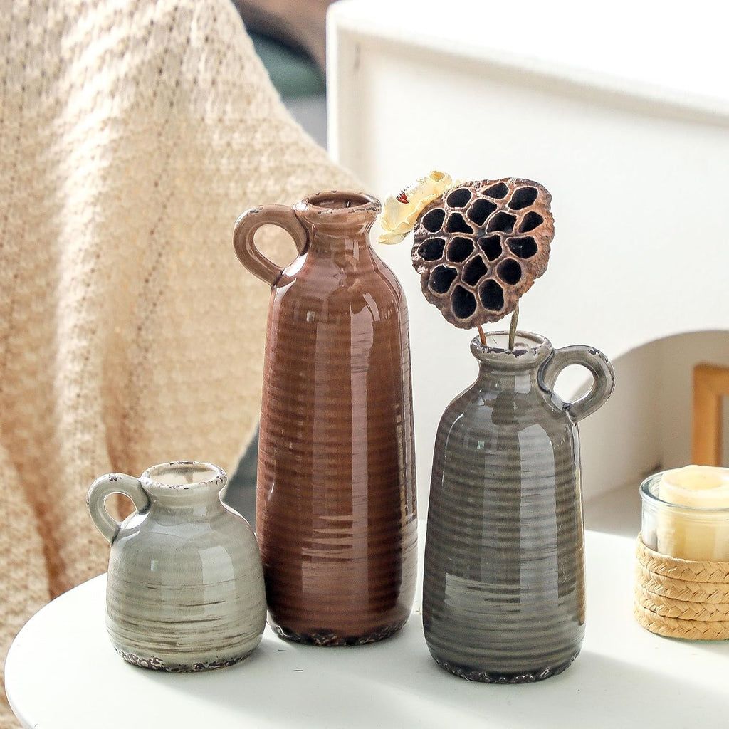 Ceramic Vases Set of 3, Neutral Rustic Farmhouse Vase with Handle, Decorative Flower Vases Home Decor Modern Boho