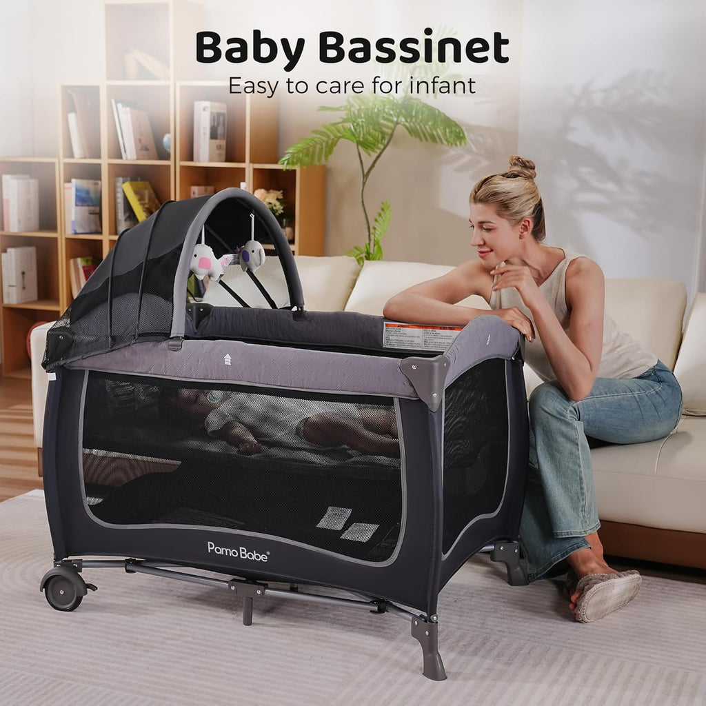 Playard with Canopy, Portable Crib with Changing Table