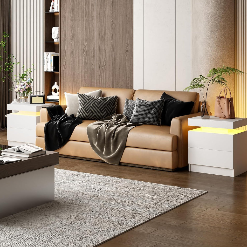 LED Nightstands Set of 2, Modern White Night Stand End Tables with APP & Remote Control LED Lighting, 2 Drawers, Open