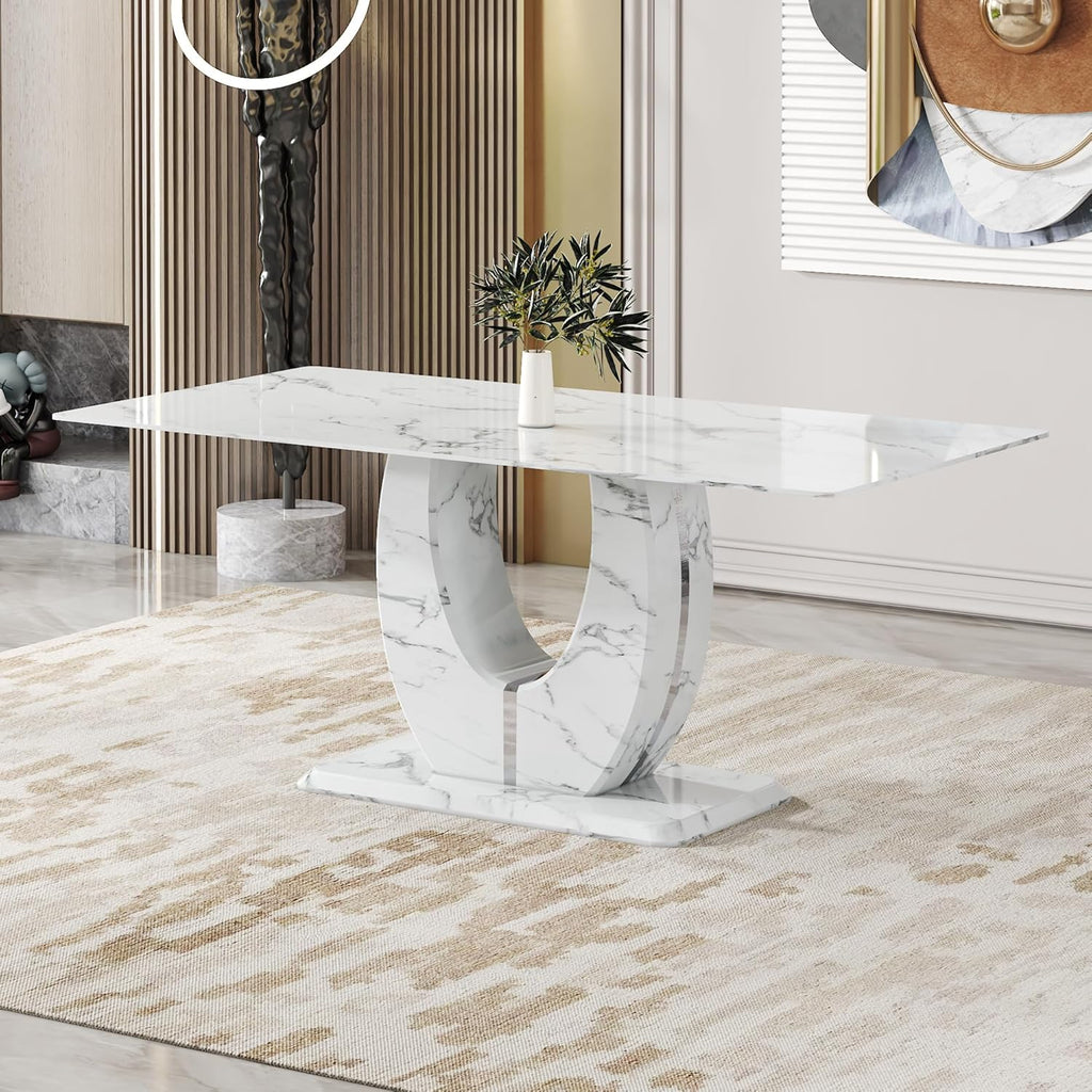 71” Modern Faux Marble Dining Table for 6 - 8, White Rectangle Kitchen Table with Sturdy Pedestal Base, Scratch