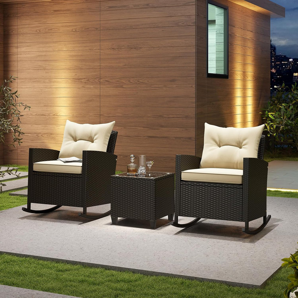 3 Piece Patio Furniture Rocking Bistro Set, Wicker Outdoor Rocking Chairs & Glass Table, PE Rattan Conversation Set