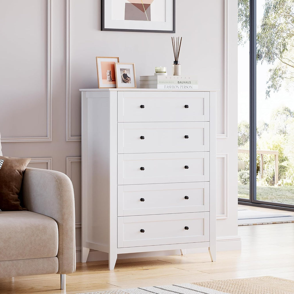 White 5-Drawer Dresser , 42.7"H Storage Drawers Organizer | Modern Lacquered Chest of Drawers, 15.8"D x 31.5"W x