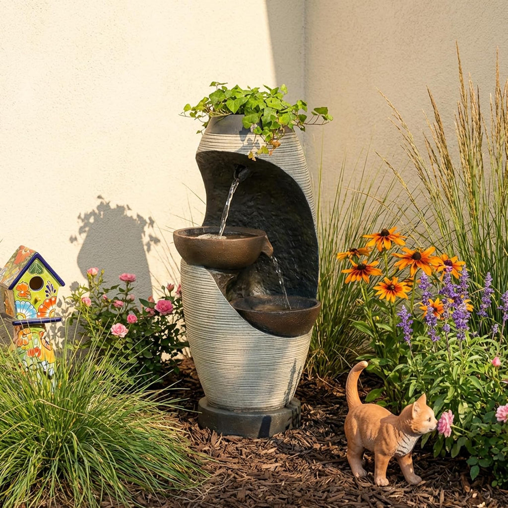 2-Tier Bowl Water Fountain with LED Lights, 27.95" Tall Freestanding Outdoor & Indoor Garden Waterfall Fountain