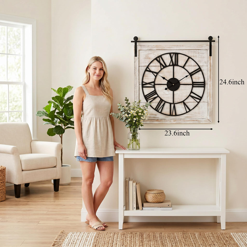 24 Inch Large Rustic Wall Clock, Farmhouse Square Wood Frame with Black Metal Barn Door Style Hanging Rod, Silent