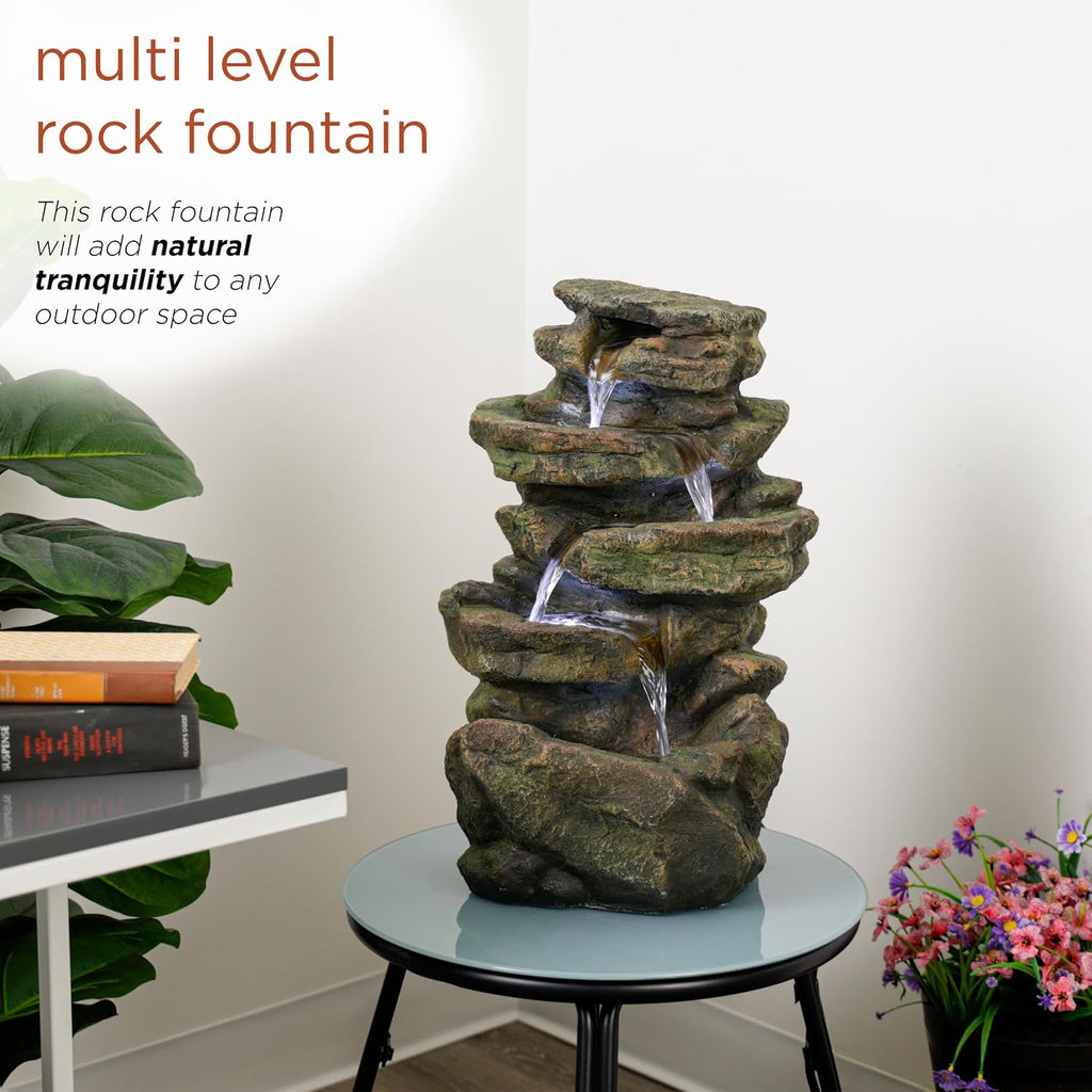 20" H Outdoor Multi-Level Rock Floor Fountain with LED Lights, Brown