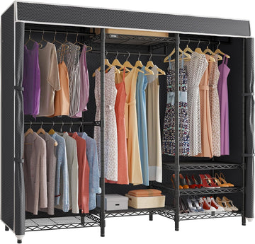 V5C Heavy Duty Covered Clothes Rack Portable Closet Rack, Black Metal Clothing Rack with Black Upgarded Polyester