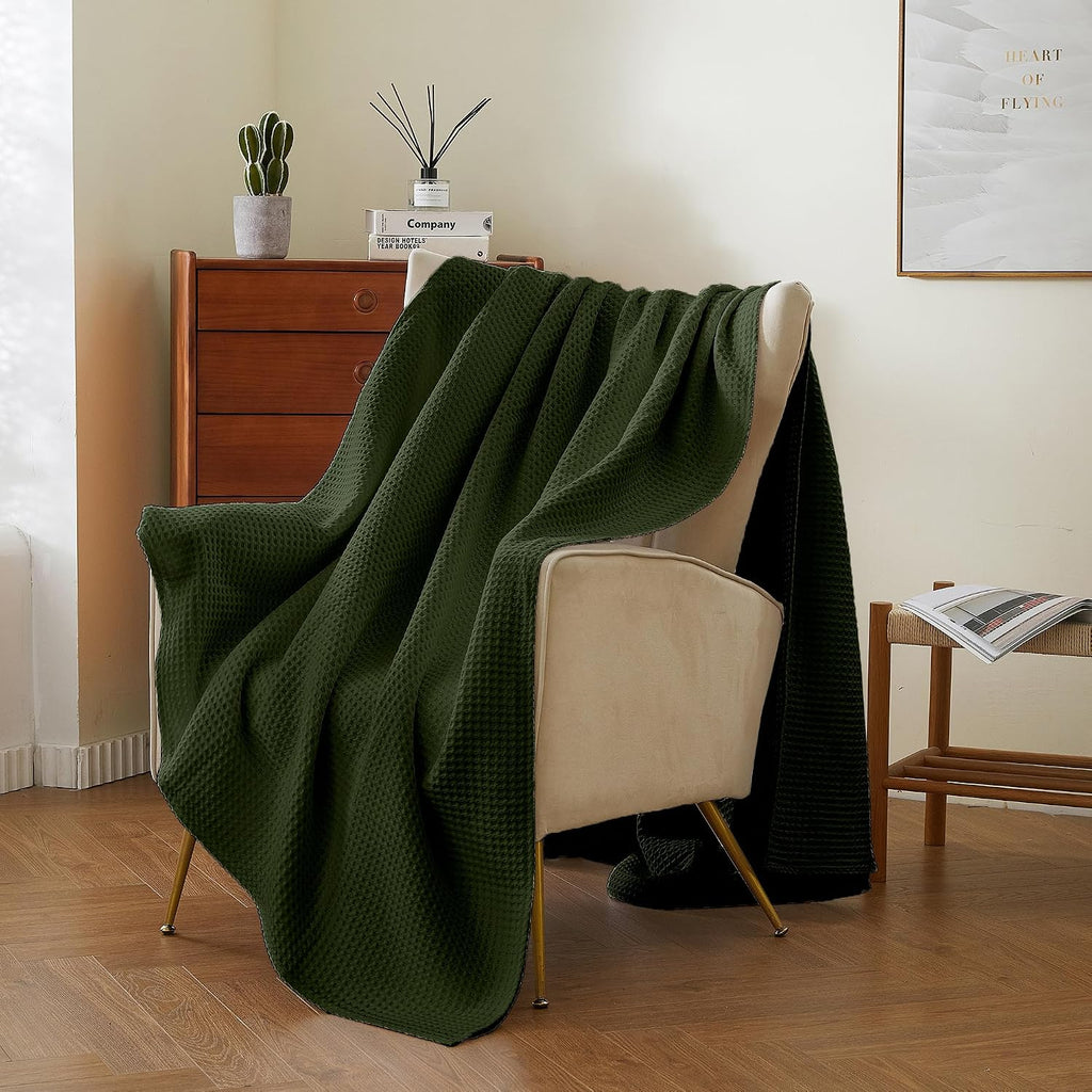 100% Cotton Waffle Blanket (Green - King - 104 * 90''), Pre-Washed and Anti-Shrinkage Soft Lightweight Bed & Couch