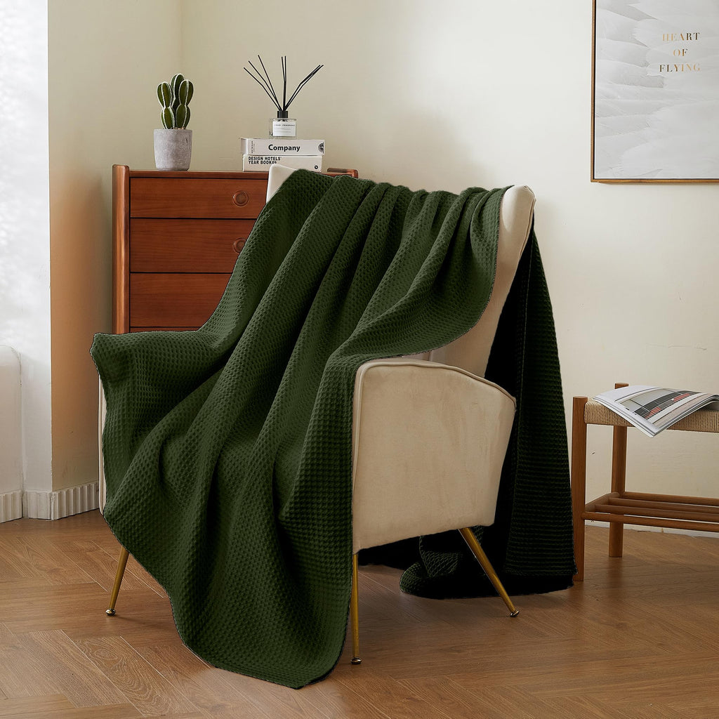 100% Cotton Throw Blanket for Couch, Waffle Weave, Green, 50" x 60"