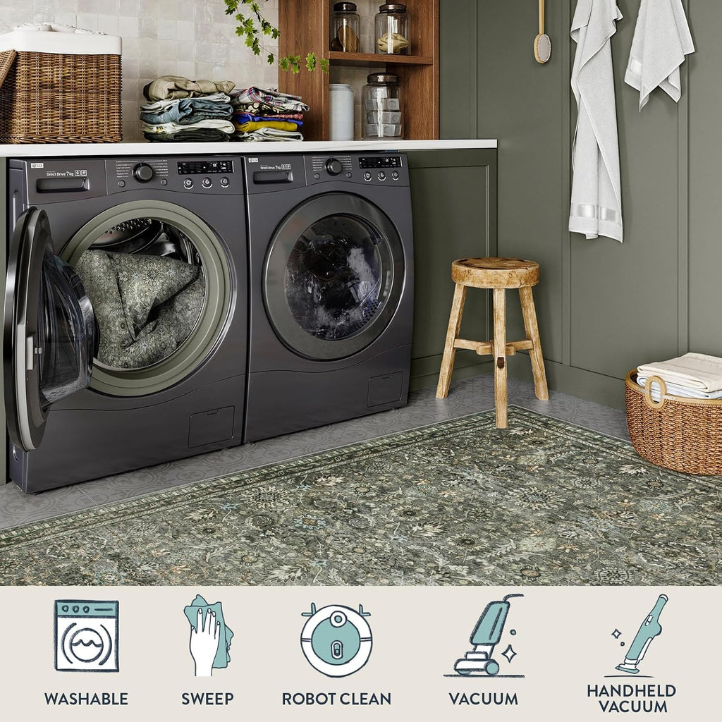 Sage Green Area Rug 6x9, Machine Washable Rugs, Boho Vintage Soft Bedroom Carpet Nursery Apartment Office, Dark Green