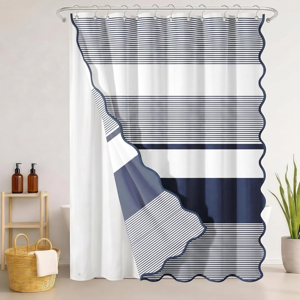 Scalloped Shower Curtain with PEVA Liner Set, Striped Navy Geometric Modern 3 in 1 Heavy Duty Waffle Weave Waterproof