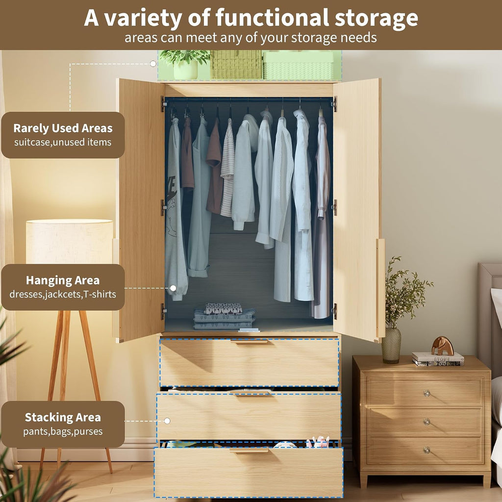 70" Wardrobe Armoire Wooden Closet with 3 Drawers, Oak | Bedroom Armoire with Hanging Rod Shelf, Large Capacity