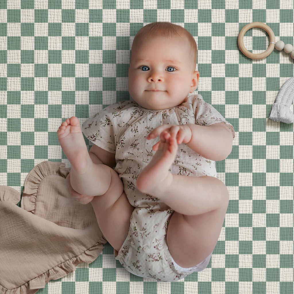 Muslin Crib Sheets, 2 Pack, Sage Checkboard & Sage Green
